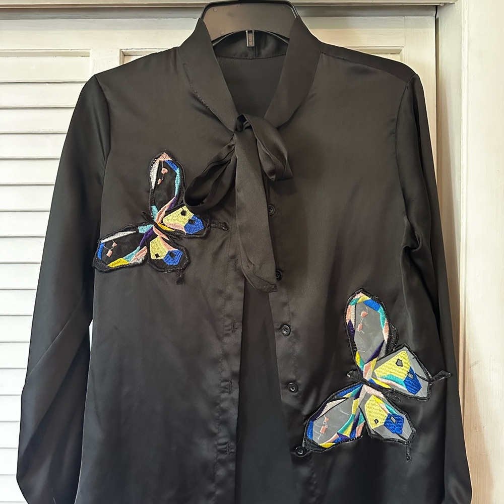 Black Blouse with Colorful Butterfly Embroidery